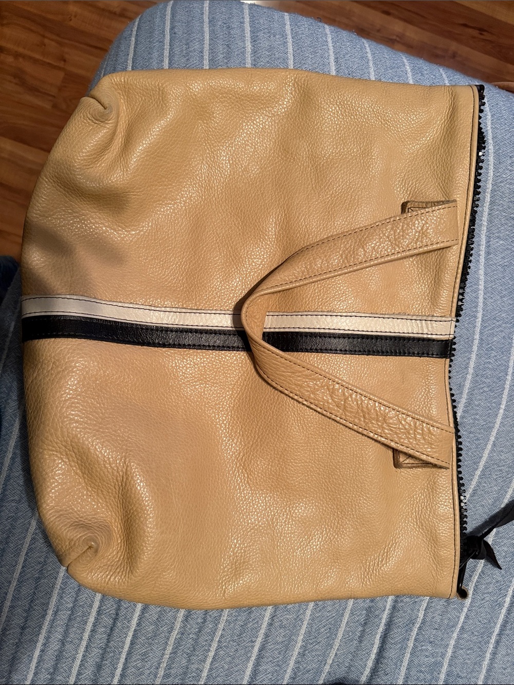 Tan Leather Bag with Black & White Stripe